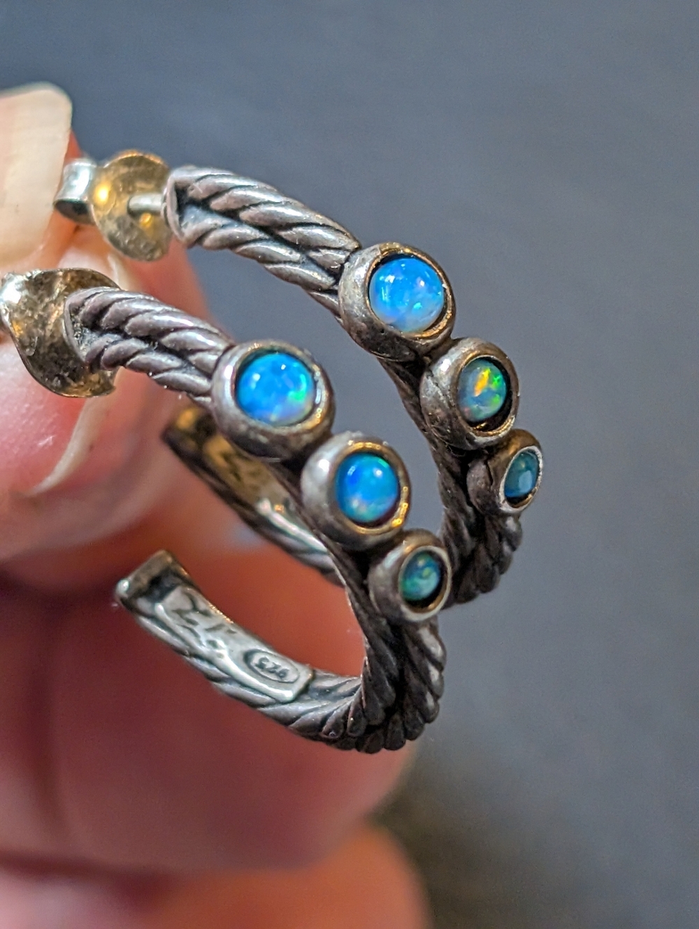 Vintage Artisan 925 Sterling Silver Blue Opal Hoop Earrings - Braided Rope Desig
